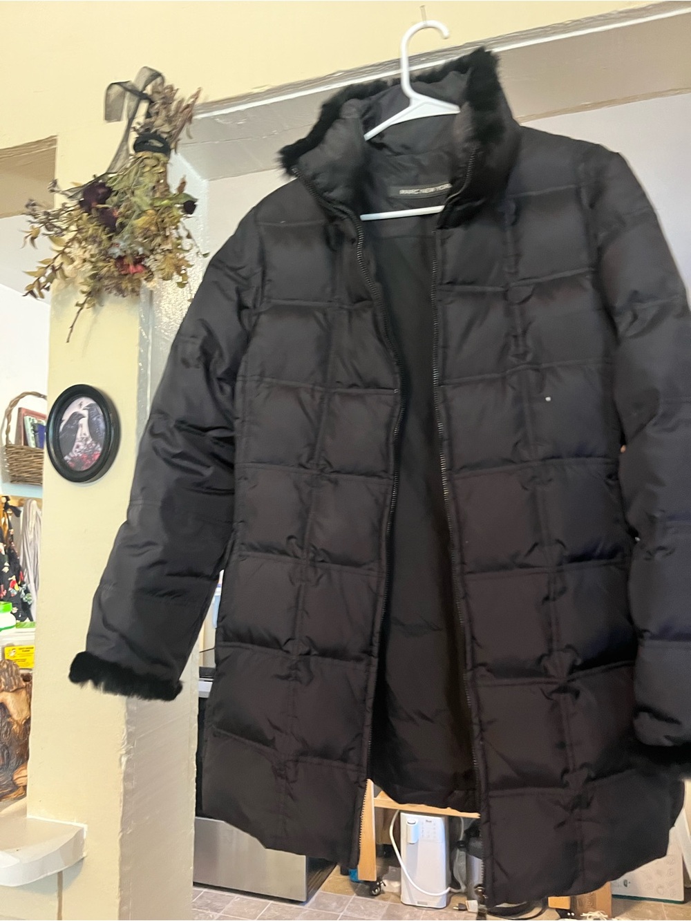 Marc New York Black Quilted Mid-Length Puffer with Faux Fur Trim